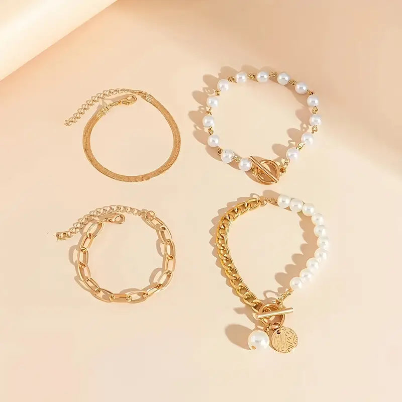 セット ブレスレット Chic 4 Piezas - スネーク パール リンク | ゴールド